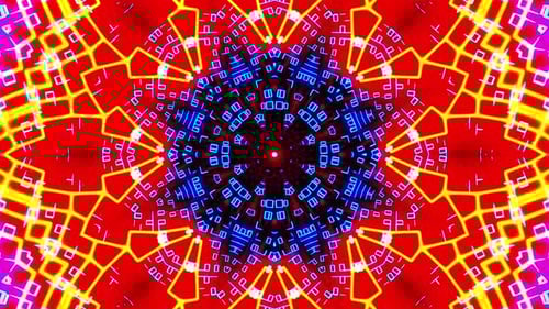 Flying through a neon tunnel with rings. Kaleidoscope VJ loop