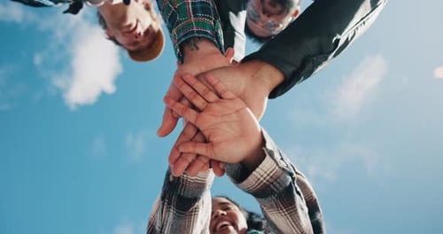 Hands together, support and applause with below of students for team, solidarity and college future
