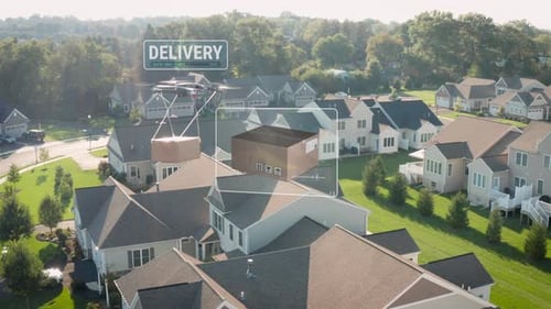 Aerial of drone carrying package delivery in midair. Freight cargo package logistics theme. Illustra