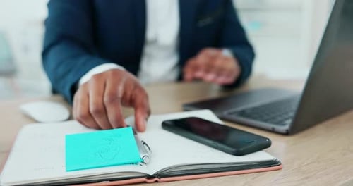 Writing, notebook and hands of business man at desk working on schedule, planning and strategy