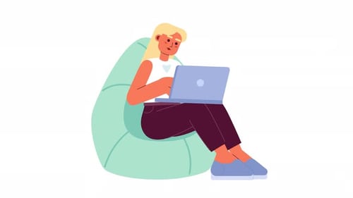 Typing freelancer woman in beanbag cartoon animation
