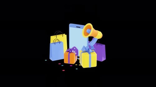 Online Shopping 3d animation. Smartphone, store bags, gift boxes.