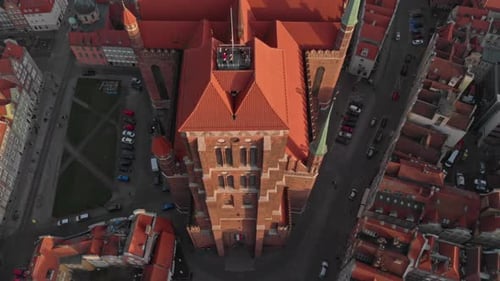 A Majestic Clock Tower in the Aerial View of Gdansk, Poland