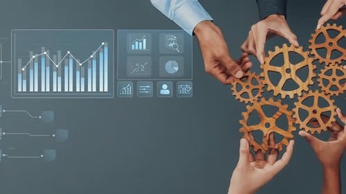 Hands Collaborating with Digital Data Visualization and Gear Symbolizing Business Process Automation