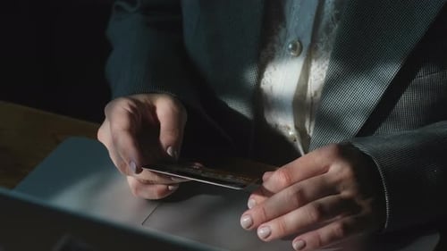 Online Payments Businesswoman Hands Holding Plastic Bank Card Using Laptop