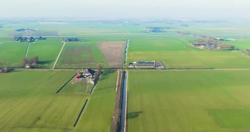 Aerial view of countryside with farms, Overschild, Groningen, Netherlands.