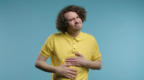 Man Squeezing Belly Abdominal Pain Suffering Digestive System Food Poisoning