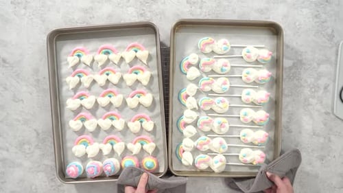 Flat Lay Step By Step Decorating Freshly Baked Unicorn Meringue Pops Cookies