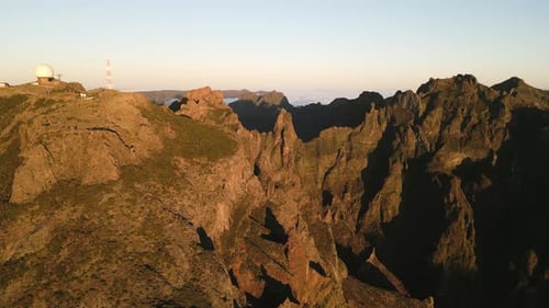 Panorama of Pico do Arieiro mountain range in sunlight, Madeira Portugal, aerial