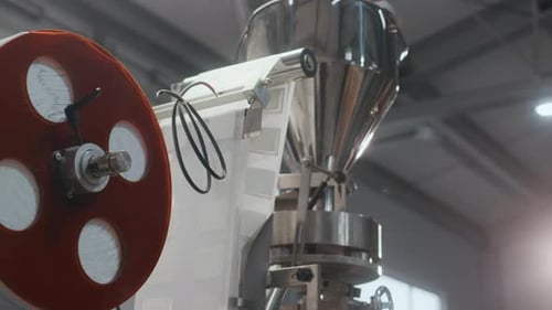 Industrially Operating Coffee Package Labelling Machine at Roasting Plant