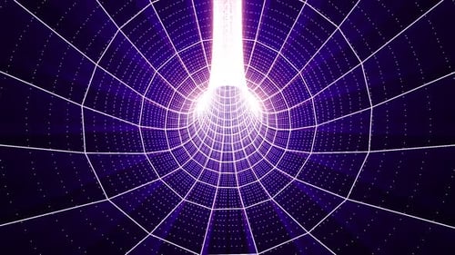 Endless glowing futuristic tunnel. Abstract background animation. Seamless neon purple cosmic tunnel