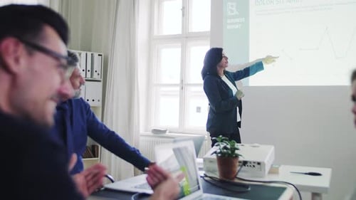 Mature businesswoman gives presentation to colleagues in modern office space