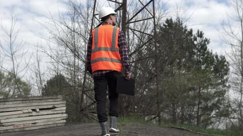 Electrical Engineer Walking Toward Electrical Tower
