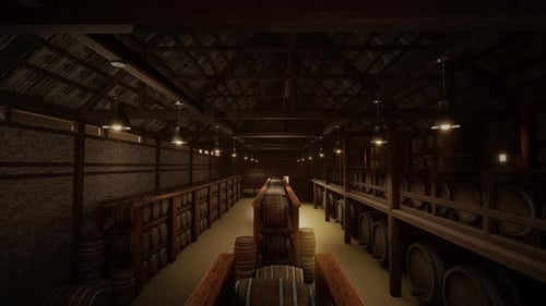 Wine Barrel Storage In The Wine Vault. Barrels Of Cognac, Wine Or Whiskey