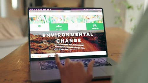 Woman use laptop for research on climate change, find information and education online to stop