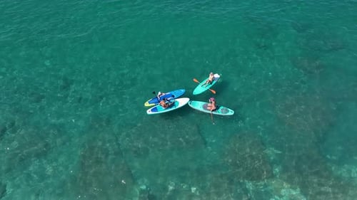 Aerial View Group Paddleboarding and Having Fun in the Bay at a Festival
