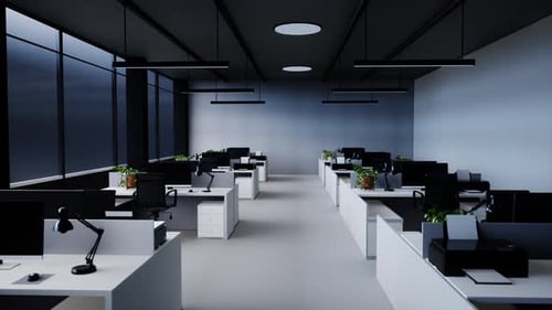 Corner Of Modern Industrial Style Open Space Office, Concrete Floor, Rows Of Computer Tables