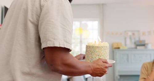 Cake, surprise woman and man celebrate happy birthday, anniversary and celebration at home