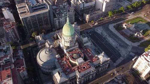 Rotating aerial view over historical building of Palace of Argentina National Congress, Buenos Aires