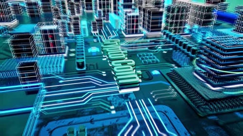 Futuristic Digital City Circuit Board Travel and Reveal