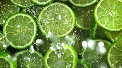 Refreshing Water Splashing on Fresh Lime Slices