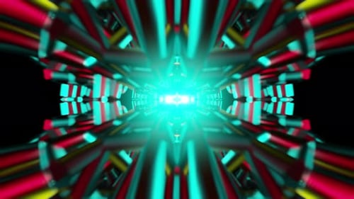 Teal Kaleidoscopic Tunnel VJ Loop with Glowing Cyan Core and Mirrored Pipes