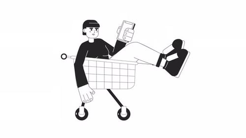 Minimalist Person Shopping with Smartphone in Cart Animation