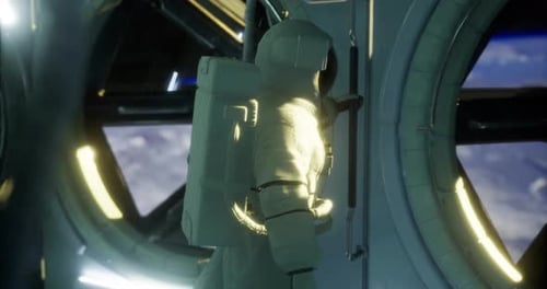 Astronaut Exploring Space Station While Gazing at Earth in Orbit