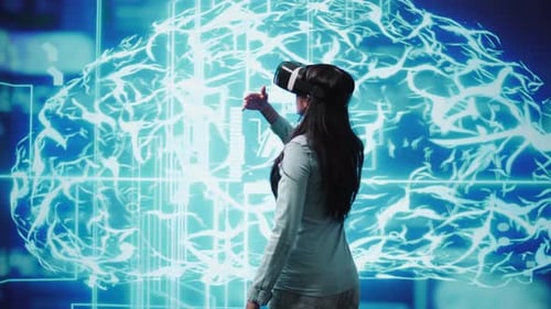 Developer Wearing VR Headset Looking at Artificial Intelligence Hologram