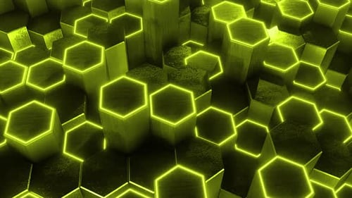 Glowing green hexagons rise
