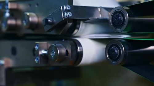 Technological process of diaper producing at the factory. Two stainless steel rollers rotating