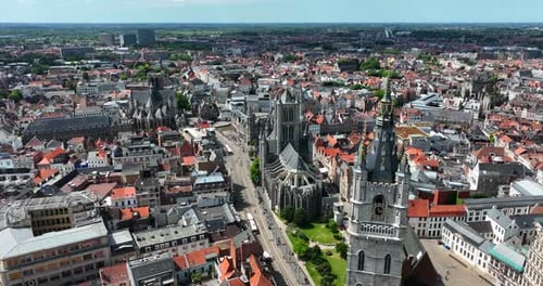 Saint Bavo's Cathedral, East Flanders, Ghent, Flemish Region, Belgium, June 2022. Drone aerial truck