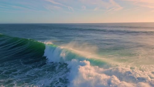 Atlantic Ocean Surf Crashing Coast on Sunny Day. Extreme Stormy Waves Splashing Coastline. Powerf...
