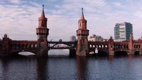 Oberbaum Bridge (double-deck) crossing Berlin's River Spree, Germany; aerial
