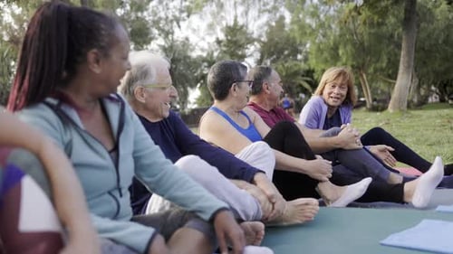 Happy senior people after yoga sport class having fun sitting outdoors in park city - Elderly commun