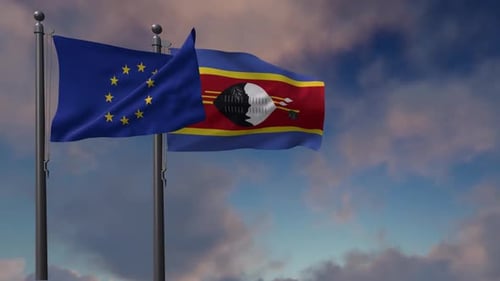 Bandera de Eswatini ondeando junto con la bandera de la Unión Europea - 2K
