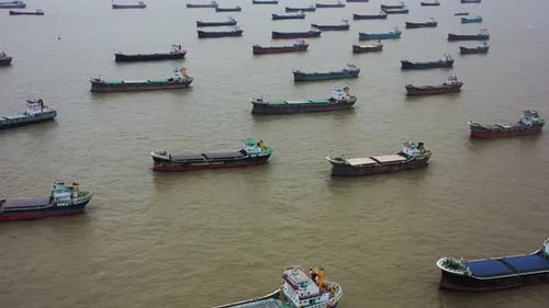 Aerial view of Cargo ships during a cloudy day, Chittagong, Bangladesh.