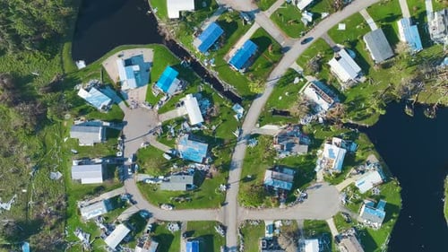Destroyed By Hurricane Ian Suburban Houses in Florida Mobile Home Residential Area