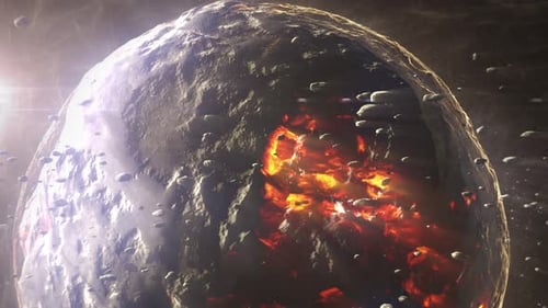 Dead planet with hot lava magma and asteroids