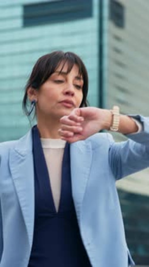 Woman, watch and travel in city with thinking on walk, late or schedule with inspection for real