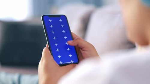 Hands, phone and mockup with green screen tracking markers for advertising