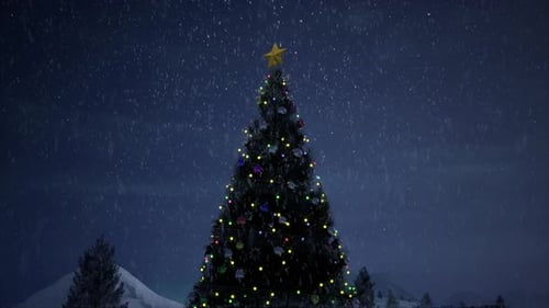 Christmas Tree with Falling Snow and Twinkling Lights at Night