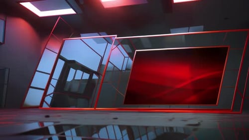 Abstract 3D Virtual Studio Background with Red Glowing Screens