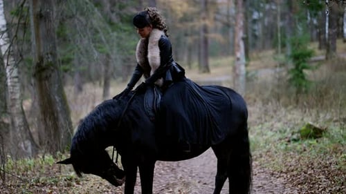 Femme mystérieuse sur un étalon noir dans la forêt magique à cheval dans le rêve et la fantaisie du XIXe siècle