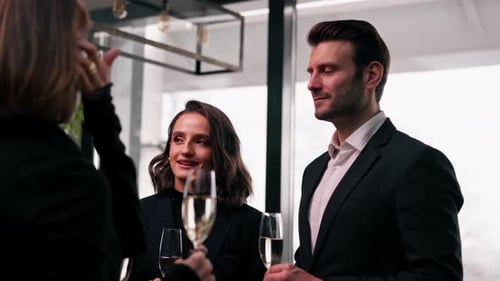 a company of friends celebrating a birthday or New Year in a restaurant with glasses of champagne