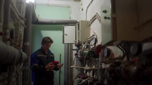Electrician Inspecting Control Panel with Multimeter in a District Heating Substation Master in