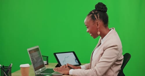 Business woman, writing and green screen with laptop and graph for data analysis or online report