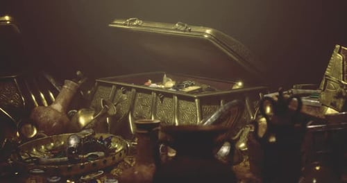 Un coffre rempli de pièces d'or et d'artefacts dans une scène sombre