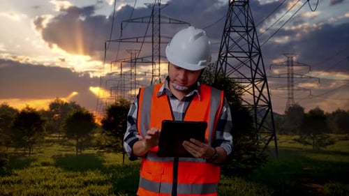 Asian Male Engineer Working On A Tablet Near High Voltage Tower