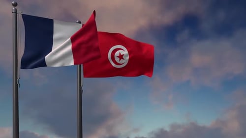 French and Tunisian Flags Waving Together